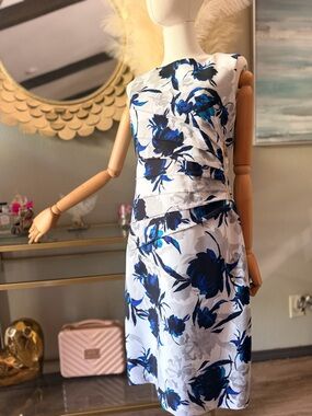Ivanka Trump White Midi Dress with Blue Floral Pattern